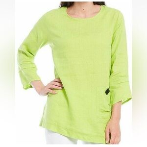 Ali Miles Top Women's S Lime Green 100% Linen Tunic Lagenlook Asymmetric Beachy